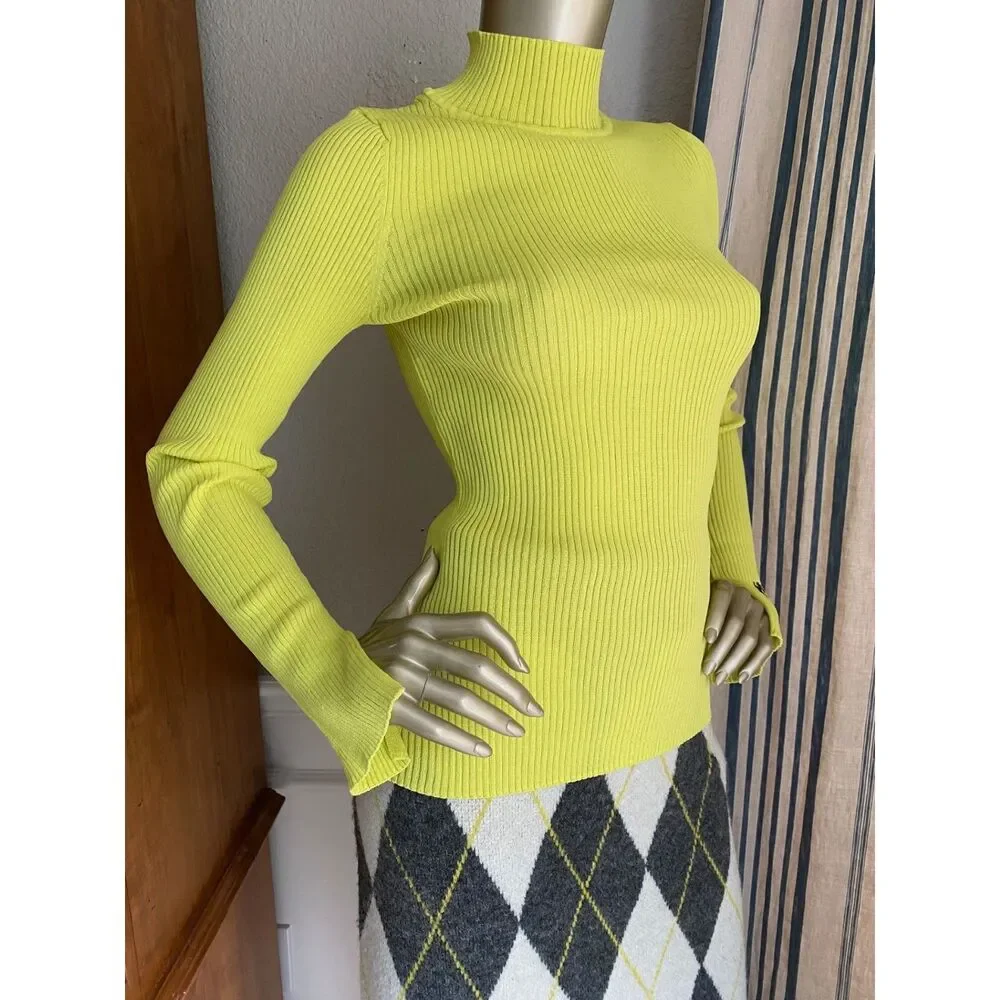EUC Pringle Logo Yellow Ribbed Knit Mock Neck Sweater M